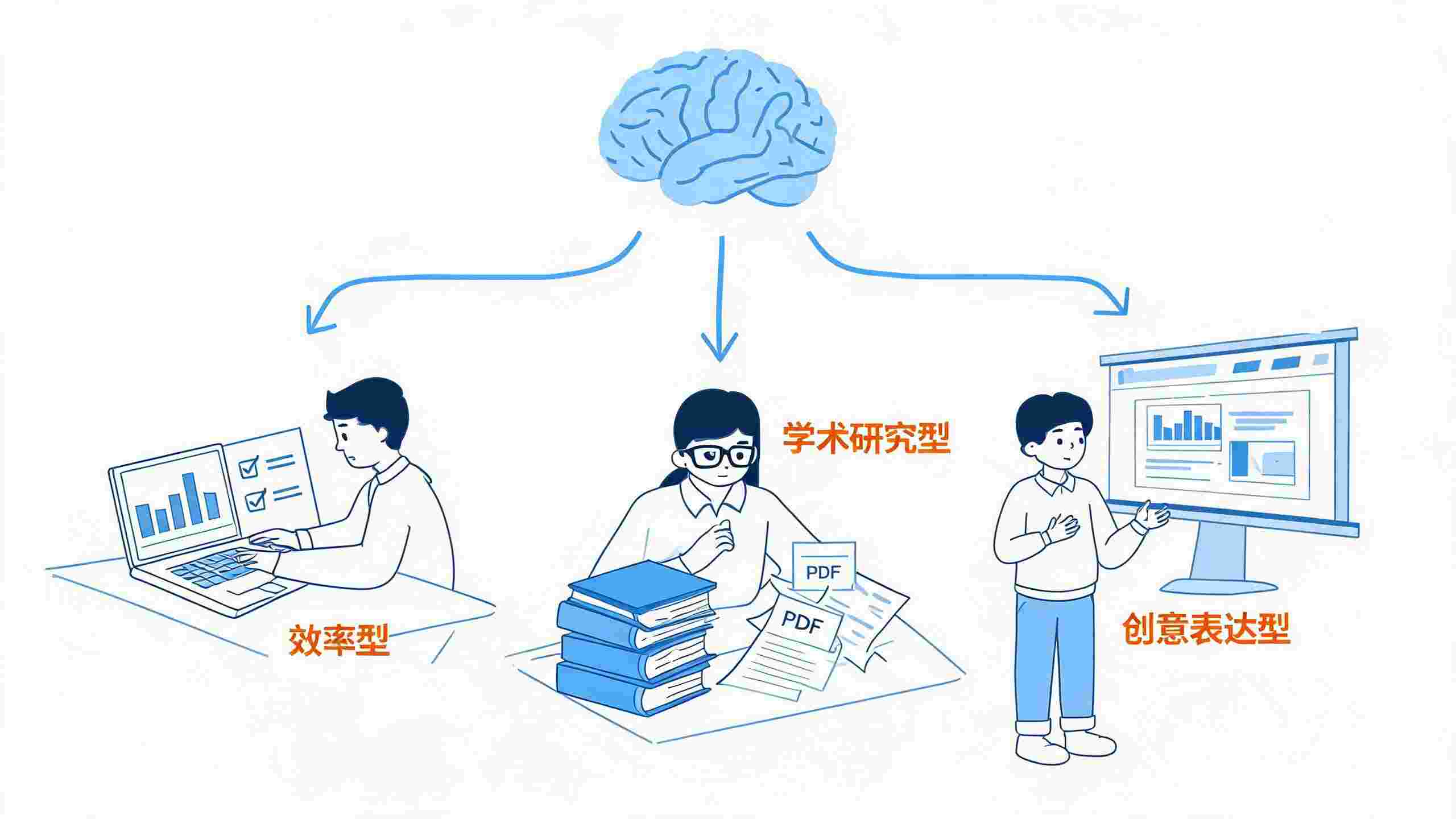 三种学生AI学习需求类型：效率型、学术研究型与创意表达型