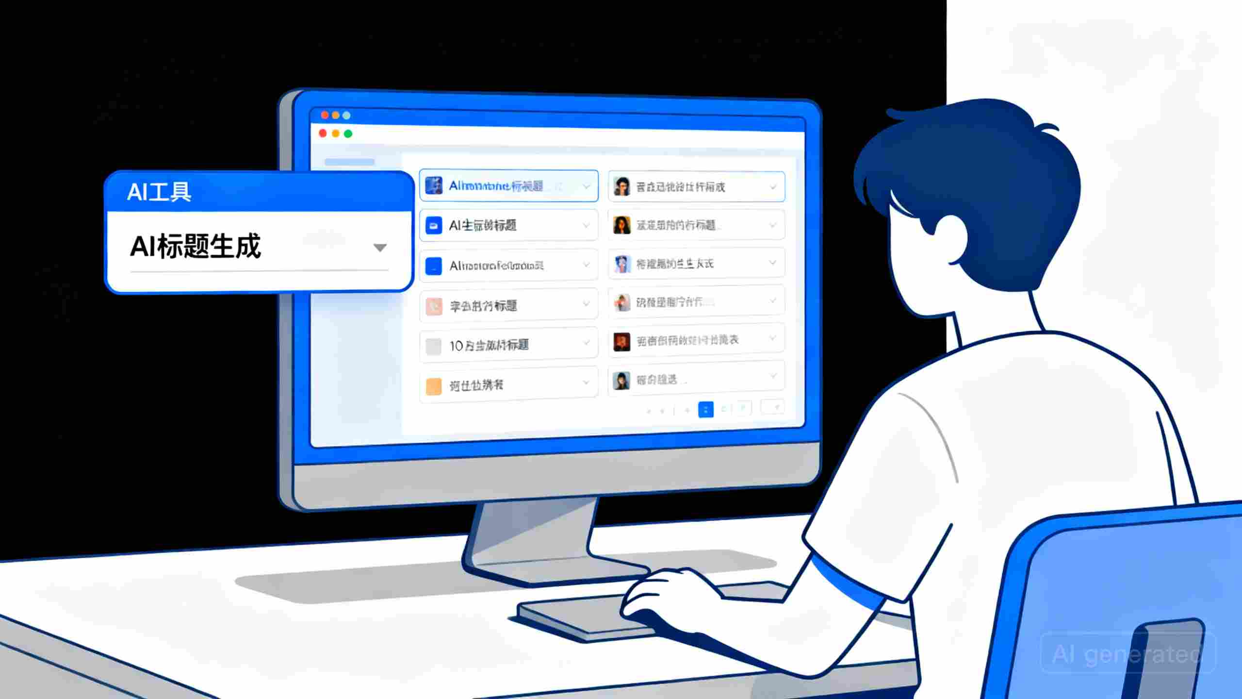 AI标题生成器工作流程示意图,展示了输入主题后AI批量生成多种标题选项的场景